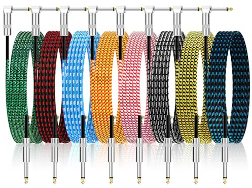 8 Pcs Electric Guitar Cable Bulk, 3 m Guitar AMP Lead, 6.35 mm Jack Cord | Right Angle Braided Instrument Cables for Bass Keyboard Microphone Pro Audio