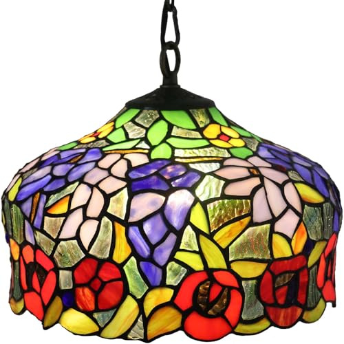 Bieye L10996 Wisteria and Rose Flowers Tiffany Style Stained Glass Ceiling Pendant Fixture for Home Decoration (Multi-Colored, 12-inch Wide)