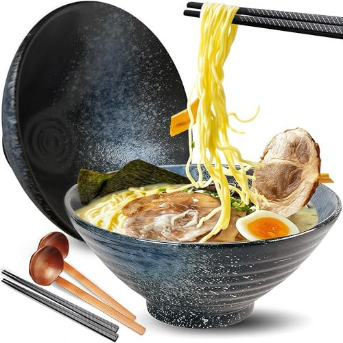 NBBENG Ceramic Ramen Bowl Set of 2, with 2×1000 ml 34 Ounces Ceramic Bowls, Wooden Spoons, and Metal Chopsticks, Suitable for Ramen, Soup, Pasta | Japanese - Inspired Dishware for Kitchen & Dining