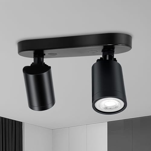 GY Foco LED de techo negro 2 luces – Lámpara de techo lineal moderna orientable a 360° – Spot GU10 sin bombillas – Iluminación interior para cocina, pasillo, salón