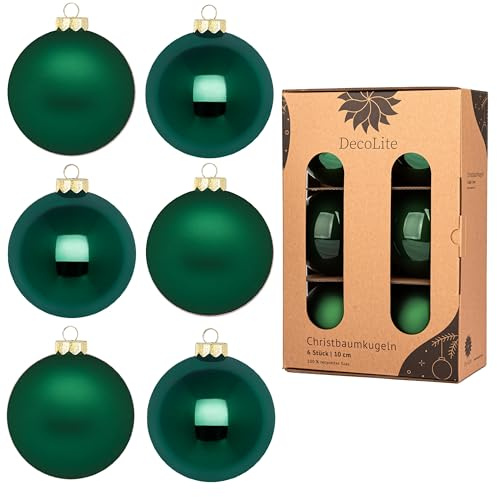 DecoLite Weihnachtskugeln Glas 10 cm, 6er Set, Grün Matt-Glänzend | 6 Glaskugeln Ø 10 cm, innen echt versilbert, inkl. S-Aufhänger 3,8 cm, plastikfreie Kartonbox