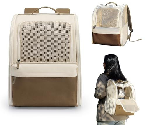 Hunderucksack und KatzenRucksack für Kleine Haustiere, 600D Oxford Haustier Rucksack bis 2-8kg mit Netzfenster, Tragbare und Faltbare Katzentasche Atmungsaktive Leichte für Reisen Outdoor(Beige-Braun)