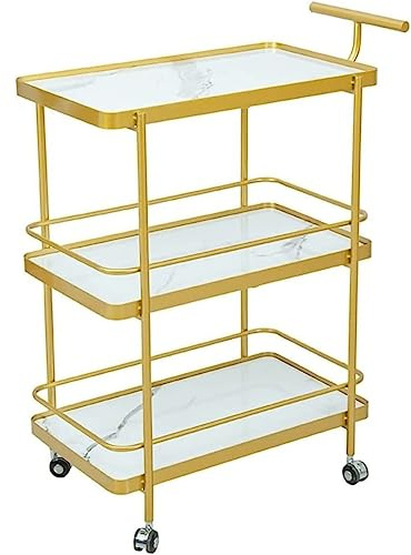 AMULONG Küchewagen mit Rollen, Rollwagen 3-stöckiger Speisewagen Für Unternehmen, Mobiler Kuchenlieferwagen Aus Eisen, Handschub-Barwagen Für Zuhause Mobiler Servierwagen(Gold)