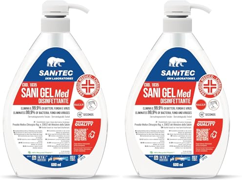 Sanitec, Sani Gel Med, Disinfettante Mani a Base di Alcol senza Risciacquo, Disinfettante Idroalcolico che Elimina il 99,9% dei Batteri, Ideale in Qualsiasi Ambito, Made in Italy, 600 ml
