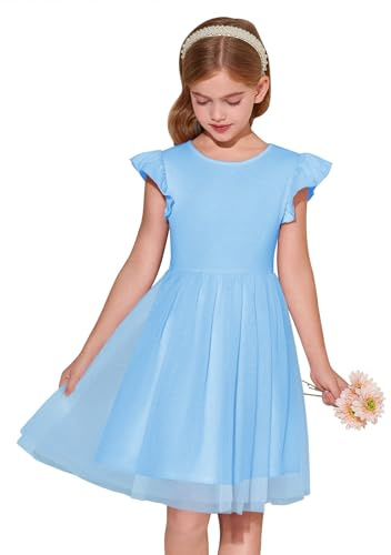 Haloumoning Robe d'été Fille en Tulle à col Rond | Uni, manches volantées, coupe trapèze, robe de princesse, fête, anniversaire et mariage