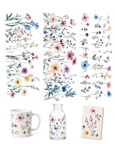 RAVNIX 3 Hojas de Pegatinas de Transferencia UV de Flores (30x15 cm), Calcomanías Rub-On Resistentes al Agua para Decoración Duradera de Tazas, Vasos de Vidrio y Manualidades