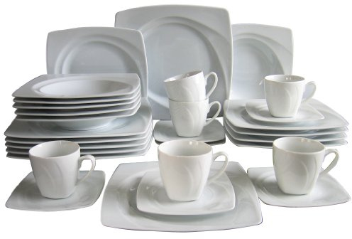 CreaTable, Serie Celebration, Geschirrset aus Porzellan, spülmaschinen- und mikrowellengeeignet, Made in Europe (Weiss, Kombiservice 30 teilig)