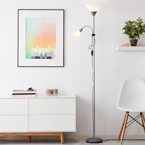 Caja de luz con brazo de lectura ajustable e interruptor basculante | 1,8 m de altura | lámpara de pie decorativa | lámpara de lectura con 1 x E27 y 1 x E14 | de aluminio/plástico en plata/blanco