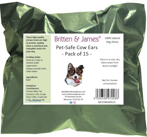 15 Pet Safe Cow Ears for Dogs, Natural Air Dried Chews by Britten and James
