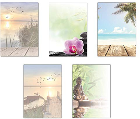 5 x 10 Blatt Motivpapier Briefpapier Mix DIN A4 Entspannung Urlaub Strand (Wellness-5234)