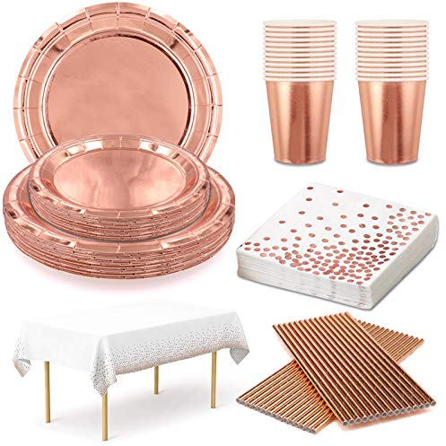 Lilydora 24 Guests Rose Gold Party Supplies Party Plates Paper Cups Napkins Straws Table Cloth for Birthday Wedding Engagement Hen Party Decorations Rose Gold Party Tableware