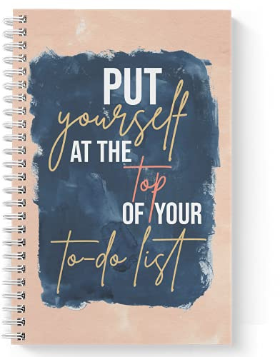 Softcover Top Of The List 5.5 x 8.5 Motivational Spiral Notebook/Journal, 120 Checklist Pages, Durable Gloss Laminated Cover, White Wire-o Spiral. Made in the USA