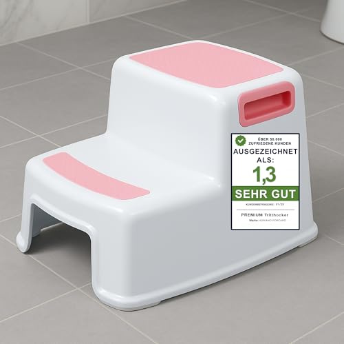 Ap® – Escalón Rosa I Taburete de plástico I Adultos y niños I Taburete Infantil de Dos Niveles con Superficie Antideslizante, baño y Cocina, Taburete Antideslizante, 26 cm de Alto, Estable 80 kg