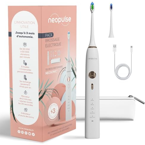 NEOPULSE® - Sonisk lila elektrisk tandborste - NEOSONIC®- uppladdningsbar - 3 månaders batteri - 15 inställningar - timer - 2 borsthuvuden (vit) - franskt märke (vit)