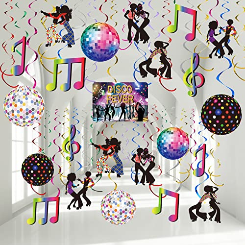 Dianelhall 53 Pcs 70s Disco Party Ball Hanging Swirls Ceiling Decor | Retro Fever Boogie Decorations, 1970s Birthday Hippie Party Favors