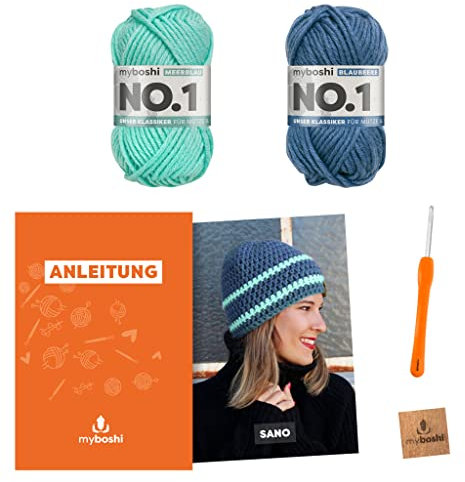 myboshi Häkelset Kindermütze Sano, inkl. No.1 Wolle, Nadel und Anleitung, original Label, Häkelpaket, 30% Merinowolle Blau, mit Häkelnadel