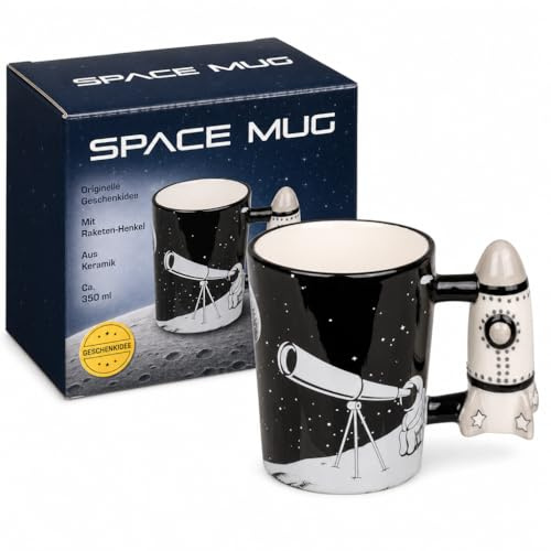 MIJOMA Space Mug Kaffeetasse mit Raketen-Griff – Keramikbecher im Weltraum-Design für Astronomie-Fans, Hobby-Astrologen & Tagträumer – origineller Kaffeebecher