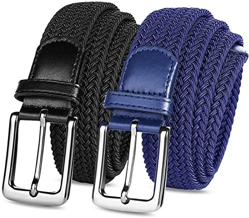 FINGER TEN Golf Ceinture Unisex Elastic Tressé Ceinture pour hommes et femmes 2 Pack, Vintage Tissu Élastique Tissé Tressé Extensible pour Jeans Boucle AlliageCeinture pour Golf Sports
