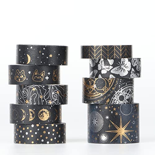 Washi Tape Set 9 Rollen - 30/20/15/10 mm breit, dunkle Nacht, japanisches Masking Tape (4 m) Dekorieren Sie Ihr Sammelalbum, DIY, Geschenkverpackung, Bullet Journal, Planer, Kawaii-Briefpapier
