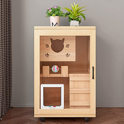 Katzenhaus Abnehmbarer Katzenkäfig aus Massivholz mit Tür und Vier 360°-Rädern Käfig Maus Ratten Mäuse Nagetiere Kleintiere 60 L x 60 B x 90 H(cm) (Color : Wood Color)
