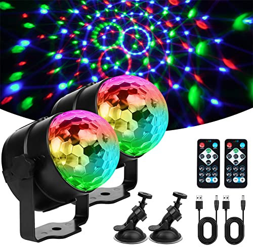 URAQT Disco Ball Light, 2 Pack USB Sound Activated Stage Lights, 360° Rotation Disco DJ Lights for Parties, Automatic Strobe Lights with Remote Control for Car Room House Bar Xmas Birthday Decor