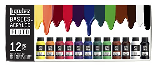 Liquitex 3699431 Basics Fluid - Set acylique - Peinture acrylique à consistance fluide, à séchage rapide, résistante à la lumière, imperméable, à base d'eau, 12 couleurs en flacons de 118 ml