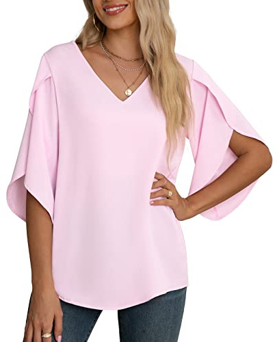 Yommay Damen Bluse Chiffon Kurzarm V Ausschnitt Lässig Leicht T-Shirts | Ladies Elegant Tops Flowy Locker Weich Sommer 3/4 Ärmel Oberteil Tuniken Mode Damen Basis Shirt Alltag Working/Casual