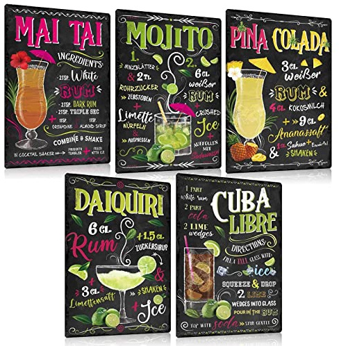 5er Set Retro Cocktail Blechschilder Rezept 20x30cm - Metallschild mit Witziger Spruch - MAI TAI,MOJITO,PINA COLADA,DAIQUIRI,LIBRE-Vintage Wand-Idee für Cocktail-bar Pub Kellerbar Lounge Kneipe Küche
