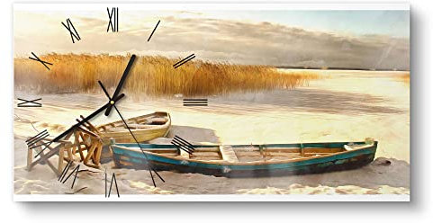 DEQORI Reloj de cristal vertical, 60 x 30 cm, diseño de barcos de madera en arena de dunas | reloj grande XXL de diseño de cristal | silencioso reloj de pared para salón y cocina | moderno reloj de