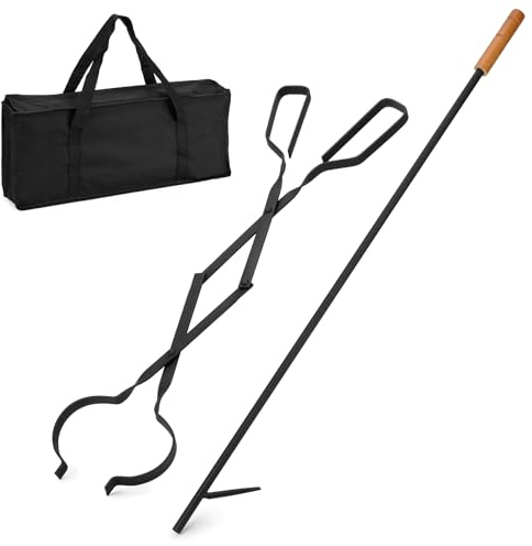 Robuste Feuerzange und Feuerschürhaken-Set mit Handtasche, Kamin-Schürhaken-Greifer mit Schlag, Brennholzgreifer für Holzfeuerstelle oder Kamin, Lagerfeuer, Innen- und Außenbereich