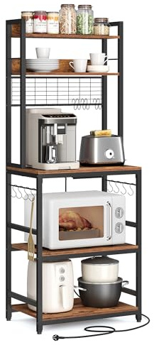 VASAGLE Estantería para Panadería con Toma de Corriente, Soporte de Microondas, Estantería de Cocina, Alambre de Metal, 14 Ganchos, 40 x 60 x 170 cm, Marrón Rústico y Negro KKS037B01EU