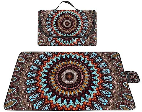 TengYuer Picknickdecke 180x200cm Stranddecke Wasserdicht Sandfrei Isoliert Faltbar Strandmatte mit Tragegriff Outdoor Campingdecke XXL für Camping Parks Strände Picknick Braunes Mandala
