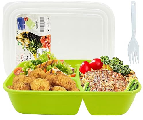 Neez Lunch Box - Boite Repas 3 Compartiment avec Couvercles (1400ml), Plastiqueboite Conservation Alimentaire pour à Gouter, Repas & Petit Dejeuner, Bento Snack Box (Vert)