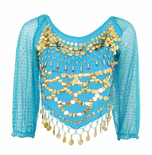 Kaerm Bauchtanz Kostüm Damen Oberteil Pailletten Quaste Tanz Top Chiffon Ärmel Kurz Crop Shirt Knoten Mit Münzen Und Perlen Belly Dance Outfit