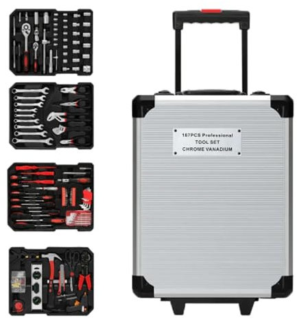 𝗖𝗮𝘀𝘀𝗲𝘁𝘁𝗮 𝗔𝘁𝘁𝗿𝗲𝘇𝘇𝗶 𝟭𝟴𝟳 𝗣𝗭 Cromo Vanadio. Fai da te Valigetta Completa in Alluminio Impermeabile con Ruote, Valigia Attrezzi di Riparazione Manuale.