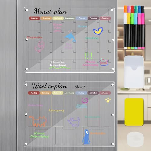 2 Stück Wochenplaner Abwischbar, Acrylic Magnettafel Kühlschrank, Monatsplaner Abwischbar, Wochenplaner Magnetisch Kühlschrank, Deutsch Farbdruck Acrylic Transparent Planungstafeln (40x30cm)