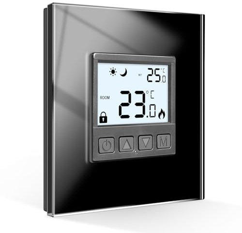 CNBINGO Termostato per riscaldamento a pavimento, termostato digitale, da incasso, per acqua, termostato da parete con telaio in vetro, nero