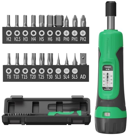 LLAVETOR Torque Screwdriver, 1/4 Drive Screwdriver Torque Wrench 10-70 Inch Pounds, Torque Screwdriver Wrench Set, 20 Pcs Torque Wrench Bits Set for Bike,Tool,Maintenance Green