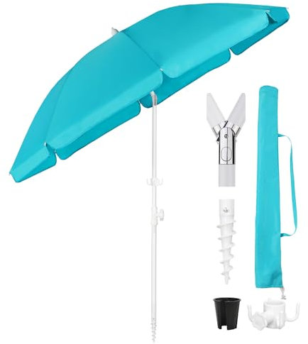 Sekey 1.8m Beach Umbrella with Ground Spike, Umbrella Cover & Hook, Stable Parasol with Eight Ribs for Balcony, Garden, Patio. Tilt Angle and Height Adjustable, Round Sun Protection UPF 50+, Lake Blue