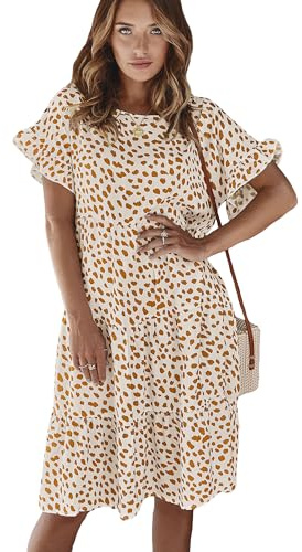 MessBebe Women's Short Sleeve Casual Round Neck Smock Dresses Knee-Length Loose Fit Elegant Mini Dress Boho Beach Dresses Casual Dress White
