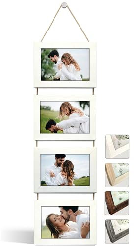 NEOWS Set Cornici Foto Multiple da Parete con Corda - Portafoto Multiplo Decorativo con Cornici in Legno - Collage Foto da Appendere al Muro- Cornici 10x15 cm (Bianco Strappato, 4 Foto Orizzontale)