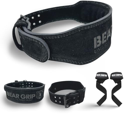 BEAR GRIP Premium Suede Weight Lifting Belt with Lifting Straps – Double Prong Gym Belt for Men & Women, Lumbar & Back Support for Powerlifting, Deadlifts, Bodybuilding & Strength Training