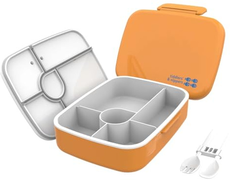 tiddlers & nippers Lonchera Bento de 5 compartimentos para niños y adultos. Incluye cubiertos reutilizables, tenedor y cuchara, a prueba de fugas y sin BPA, apta para microondas, congelador y