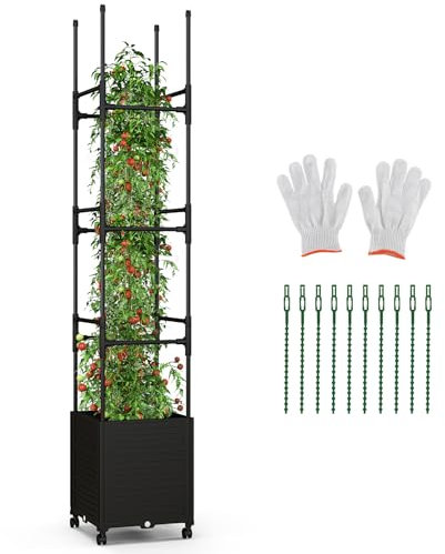 GOPLUS Hochbeet mit Rankgitter, erhöhter Pflanzgefäß mit 3 Höhen & Selbstbewässerung, Blumenkübel mit Rollen, Blumenkasten Pflanzkasten Rankhilfe Pflanzenturm für Kletterpflanzen