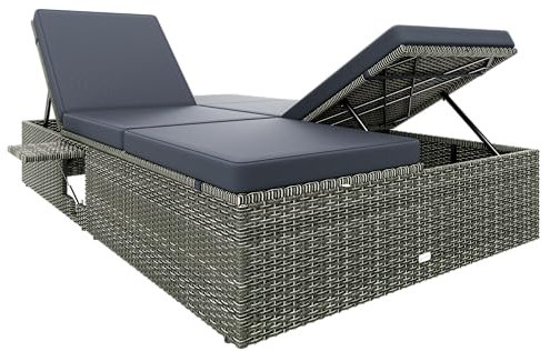 Casaria® Sonnenliege 2 Personen mit Klapptisch 7cm Auflagen Wetterfest Gartenliege 400kg Belastbar Gartenmöbel Liegestuhl Verstellbar Grau Anthrazit 200x115cm