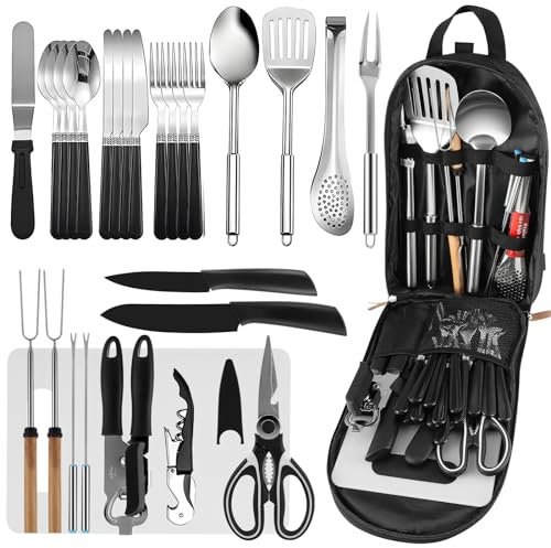 Camping Cooking Utensils Set, 27Pcs Camping Kitchen Utensils Organizer Travel Set, Kitchens Portable Cooking, Spoon, clip, fruit knife