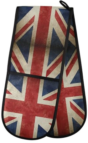 Doppelte Ofenhandschuhe, hitzebeständig, Vintage-Stil, britische Flagge, Doppel-Ofenhandschuhe, Topflappen, Hitzeschutz, Ofenhandschuhe für Zuhause, Küche, Backen, Kochen, Grillen, Mikrowelle