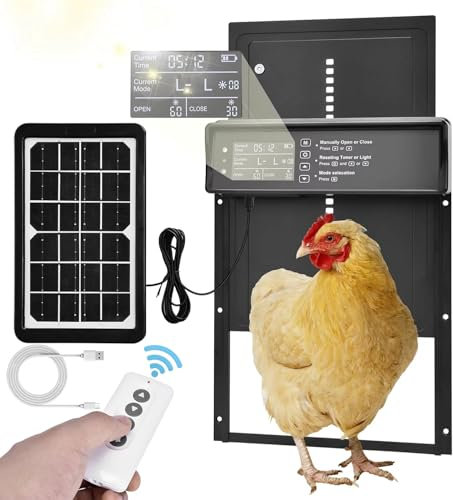 Automatische Hühnerstalltür mit Solar, automatische Hühnerstalltür aus Aluminium mit 4 Modi und Timer, LED-Anzeige, Lichtsensor, Fernbedienung, Klemmschutz, Alarmsystem