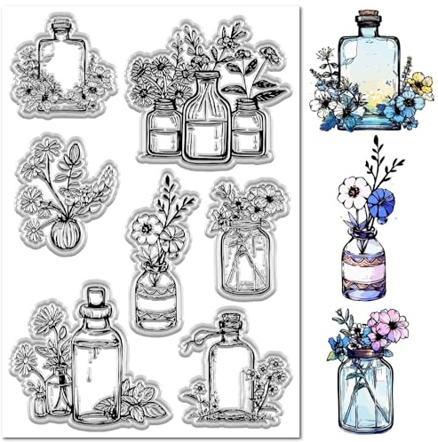 craspire Pflanzen Stempel Pflanzenstempel Silikonkautschuk Wiederverwendbar Transparent Frühlingsblumen Blätter Flasche Dekorative Papierstempelsiegel Für Scrapbooking Alben Fotos Handgefertigte