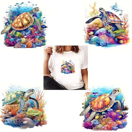 4pcs OceanBreeze Sea Turtle Iron On Transfers for T-Shirts Rub on Transfers Stickers Vinyl Ready to Press Stickers Iron on Decals for T-Shirts Clothing Hoodie DIY Crafts